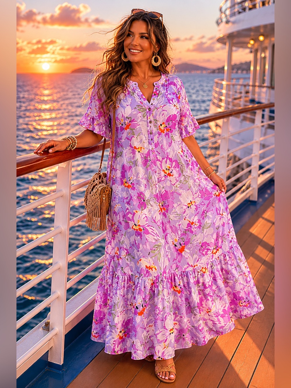 Terra & Sky Lavender Floral Henley Button-Front Maxi Dress Size 0X